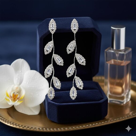 Leaf Drop Earrings Silver Plated S925 CZ Minimalist Statement Sparkling Dangles - Picture 6 of 12